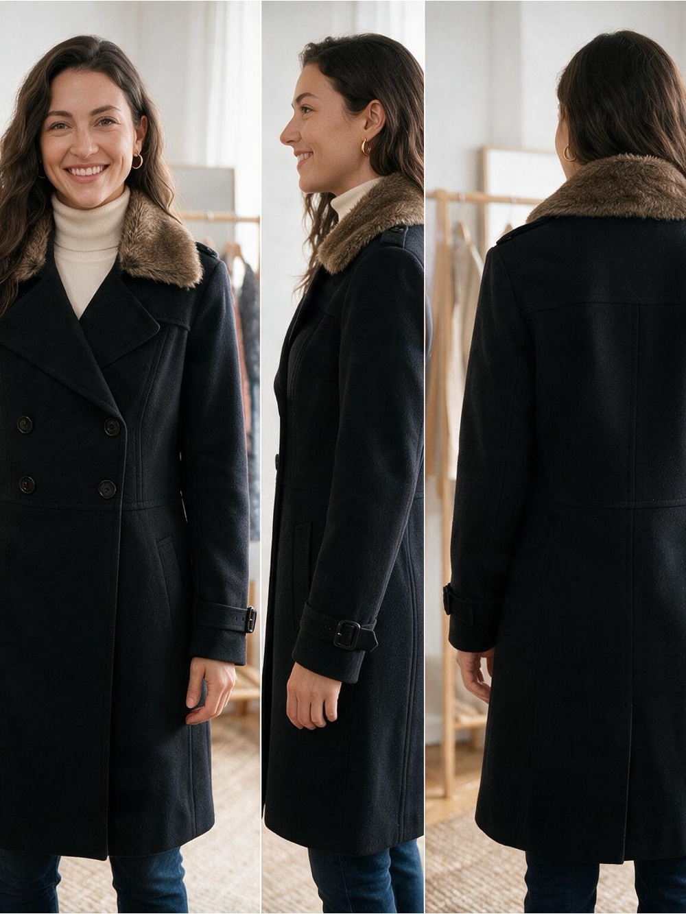 Banana Republic Faux Fur Black Double-Breasted Mid Length Coat S/462871